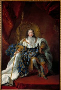 Portræt af Louis XV (1710-1774) barn på sin trone dækket af kostume og attributter af det hellige maleri af Alexis Simon Belle (1674-1734) 1723 Søn. 2,26x1,8 m - Portræt af Ludvig XV (1710-1774), som et barn på sin trone med kroningskjole - Pai