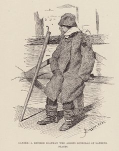Ganzer, en pensioneret bådsmand, der hjælper gondoler ved landingssteder (gravering) af Alezzandro Zezzos