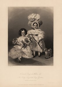 Viscount Gray de Wilton og Elizabeth Gray Egerton, børn af Thomas Egerton, 2. jarl af Wilton. Datter i ringlets og flæsket kjole med en dukke, og søn i kjole og fjerhætte med et bånd bundet til en legetøjshest. Stålstik af Henry
