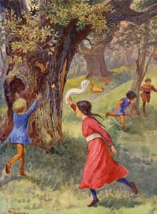Det glade England: Børn leger i Sherwood-skoven (farvelitografi)