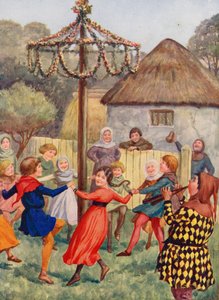 Det glade England: Rundt om majstangen (farvelitografi)