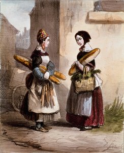 Små metier: bageriet. Ung gående brødhandler. Tryk af Alfred Andre Geniole (1813-1861) fra "Les femmes de Paris" 1841-1842 Paris, Musee Carnavalet
