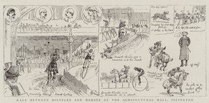 Race mellem cykler og heste i Agricultural Hall, Islington
