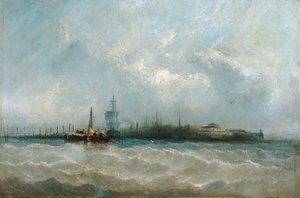 New York fra havnen viser batteriet og slottets have, 1858. af Alfred Copestick