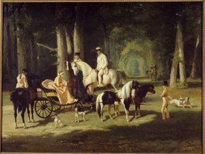 Hr. og fru A. Mosselman og deres to døtre går gennem skoven på hesteryg. Maleri af Alfred de Dreux (1810-1860) 1848 søn. 2x2,65 m Paris, museum for Petite Palais