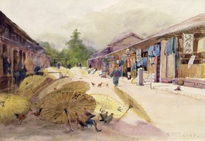 Tørring af paraplyer efter en regnstorm, ca. 1889 (akvarel på papir) af Alfred East