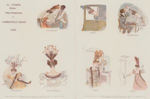 Faksimiler af originale vandfarvetegninger, designet til at satirisere mode i Årets kvindelige hovedkjoler 1828 (chromolitho) af Alfred Edward Chalon