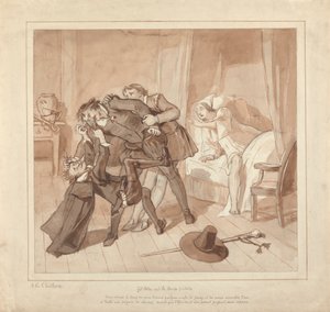 Gil Blas, mens han praktiserer medicin under Dr. Sangrado, møder Dr. Cuchillo ved købmandens seng af Alfred Edward Chalon