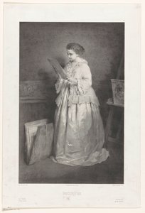 Ung kvinde ser på et print eller en tegning Indiskretion (titel på objekt) af Alfred François Lemoine