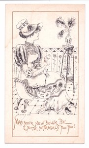 Victoriansk nytårskort af en æstetik, der beundrer en vase med påfuglefjer, ca. 1881 (monokrom) af Alfred Gray