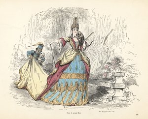 Kostume af en adelig kvinde under kong Ludvig XIV af Frankrig.