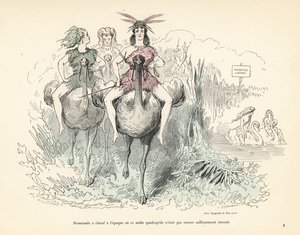 Kvinder i dyreskind og fjer, der rider på strudse og svaner. af Alfred Grevin