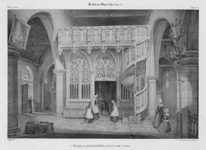 Udskåret træskærm af kapellet i Notre Dame de Lambader, Plouvorn, Bretagne, Frankrig (litho) af Alfred Guesdon