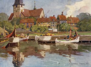 Danmark: Bornholm, Rønne Havn (farve litho) af Alfred Heaton Cooper