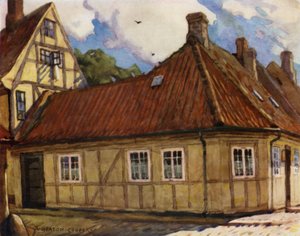 Danmark: Odense, Hans Andersens fødested (farve litho) af Alfred Heaton Cooper