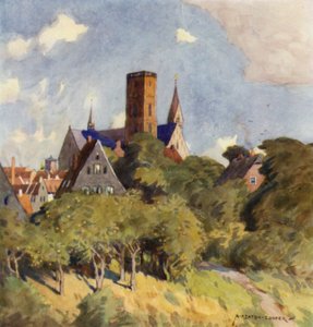 Danmark: Ribe, middelalderby i Nordslesvig (farve litho) af Alfred Heaton Cooper