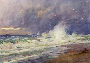 Danmark: Skagen, mødet mellem Nordsøen og Kattegat (farve litho) af Alfred Heaton Cooper