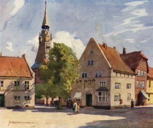 Danmark: Tønder, en middelalderby i Nordslesvig (farve litho) af Alfred Heaton Cooper