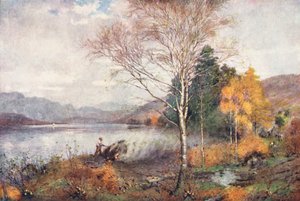 Lake District: Trækulsbrændere, Coniston Lake (farvelitografi) af Alfred Heaton Cooper