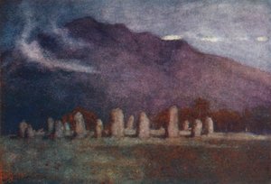 Lake District: Druid Circle, nær Keswick, måneskin (farvelitografi) af Alfred Heaton Cooper