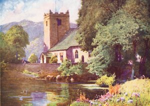 Lake District: Grasmere Church (farvelitografi) af Alfred Heaton Cooper