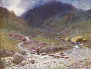 Lake District: Stepping-stones, Far Easedale, Grasmere (farvelitografi) af Alfred Heaton Cooper