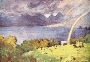Lake District: Windermere og Langdale Pikes, fra Lowwood (farvelitografi) af Alfred Heaton Cooper