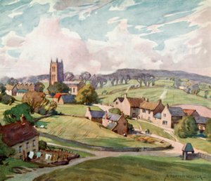 Mells Village, nær Frome (farve litho) af Alfred Heaton Cooper