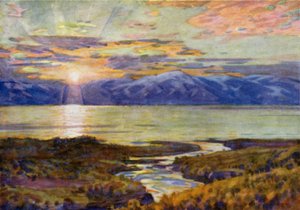 Midnatssol over Torne Trask-søen, fra Abisko af Alfred Heaton Cooper