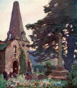 Porlock kirke og kors (farve litho) af Alfred Heaton Cooper