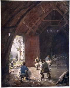 Fåreklipping, Esthwaite Hall Farm, fra en portefølje af tryk fra de originale akvareller, ca. 1920 af Alfred Heaton Cooper