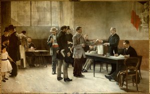 Almindelig valgret Et valgsted i 1891. Maleri af Alfred Bramtot (1852-1894) 1891 les Lilas, Rådhuset af Alfred Henri Bramtot