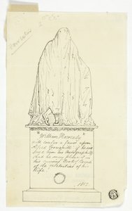 Besøgskort med draperet monument, kunstnerens inskription af Alfred Henry Forrester