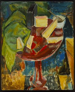 Red Table Top Still Life, ca. 1919 (recto of 372405) (olie på gessoed bord)