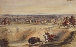 A Surround or Hunting the Buffalo, ca. 1839 (blyant, pen og blæk, akvarel og gouache på papir) af Alfred Jacob Miller