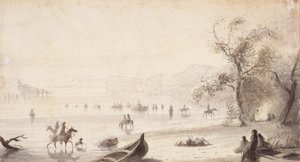 Bull Boating Across the Platte, ca. 1837 (tegning på papir) af Alfred Jacob Miller
