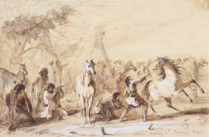 Evening, Picketing Horses, ca. 1837 (blyant, vask og gouache på papir) af Alfred Jacob Miller