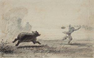 Fontenelle Chased by a Grizzly Bear, ca. 1837 (pen, blæk og vask på papir) af Alfred Jacob Miller