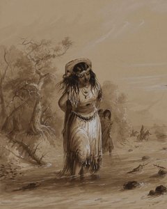 Indiansk pige med papoose, der krydser en bæk af Alfred Jacob Miller