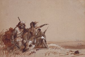 Kansas Indian Recounting to a Trapper, af Signs, the Migration of Buffalo, c.1837 (blyant og brune og sorte vaske på papir) af Alfred Jacob Miller