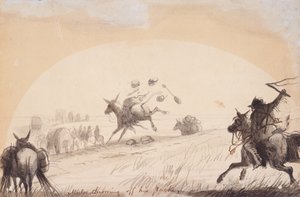 Mule kaster sin pakke af, ca. 1837 (blyant, pen og blæk og vask på papir) af Alfred Jacob Miller