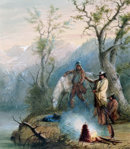 Roasting the Hump Rib, 1837 (wc forhøjet med hvidt på papir) af Alfred Jacob Miller