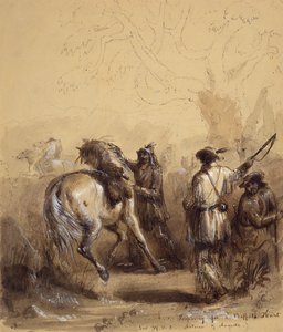 Sir W.D.S., Antoine og Auguste eller forberedelse til en bøffeljagt, ca. 1837 (pen og blæk, vask og gouache på papir) af Alfred Jacob Miller