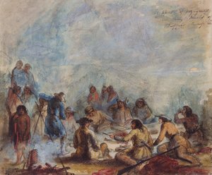 Solopgang, fangere og rejsende ved deres måltider af Buffalo Hump Rib, ca. 1837 (akvarel på papir) af Alfred Jacob Miller