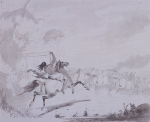 Kaster lasso, ca. 1837 (pen og blæk med grå vask på gråt kort) af Alfred Jacob Miller