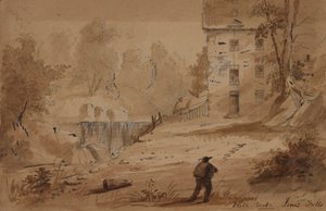 Udsigt over et hus og et vandfald af Alfred Jacob Miller
