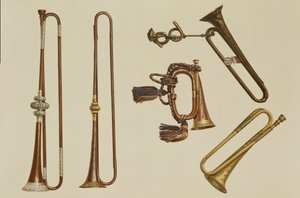Kavaleritrompet, en hornlygte, en forgyldt trompet af John Harris fra ca. 1730, en trompet og en sølvmonteret trompet af William Ball fra ca. 1680, fra "Musical Instruments" (farvelitografi)