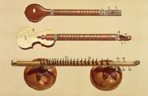 To sitarer og en rudra vina, indisk, fra "Musical Instruments" (farvelitografi)