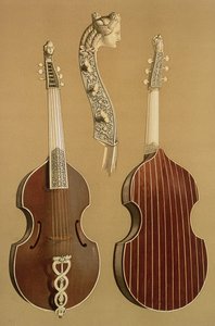 Viola da Gamba, eller basguitar, af Joachim Tielke (1641-1719) Hamburg, 1701, fra "Musikinstrumenter" (farvelitografi)