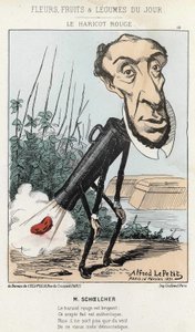 Le Bean rouge: karikatur af Victor Schoelcher repræsenterer i toget af Peter en bønne (prut) - ill. af 16/02/1871 af Alfred Le Petité, i ""Dagens blomster, frugter og grøntsager"". af Alfred Le Petit